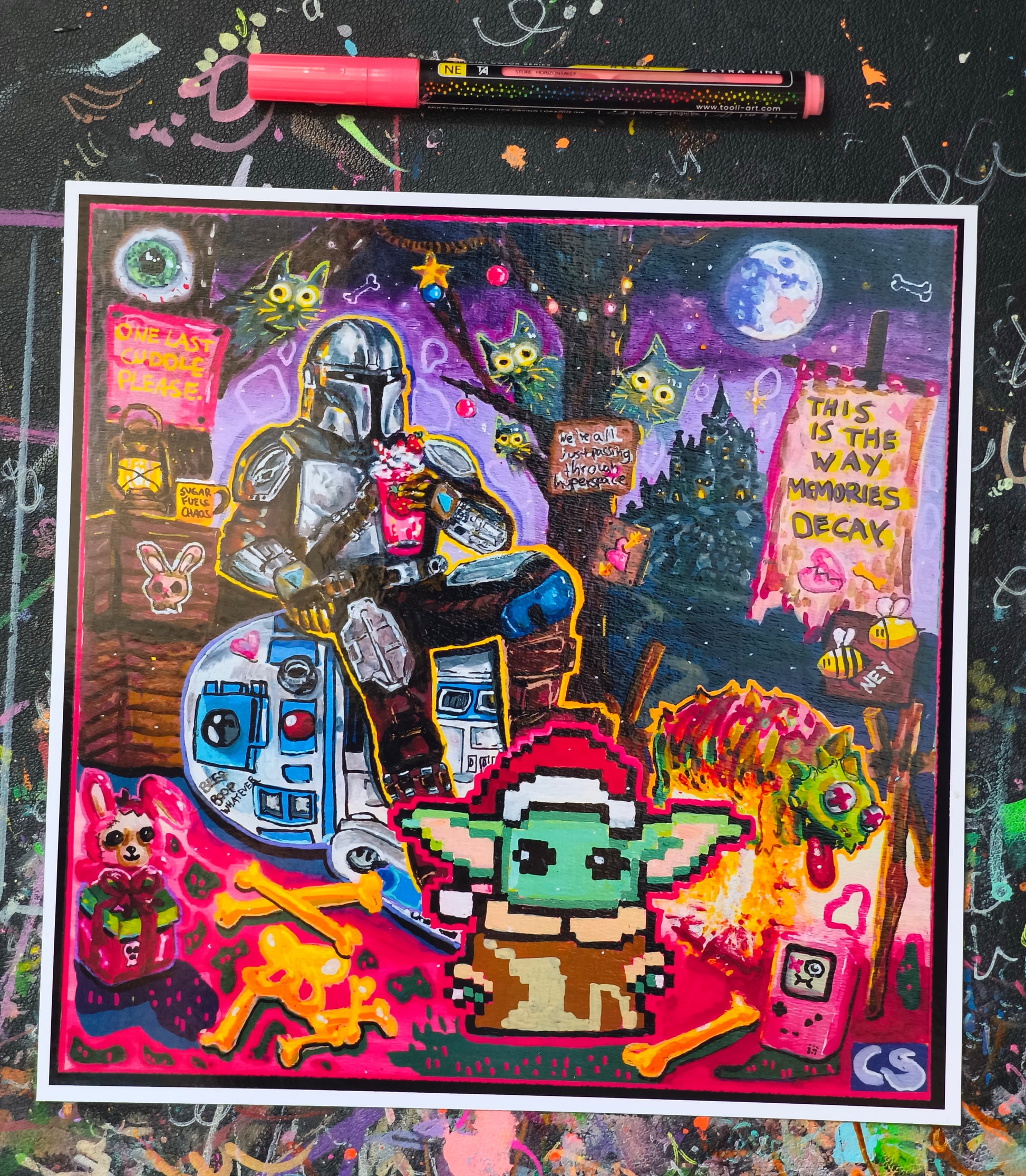 Colorful pop surreal art print featuring Grogu in a Santa hat, a Mandalorian holding a pink drink, R2-D2, playful cats, bones, bees, a zombie unicorn, and nostalgic objects in a vibrant Candy Decay scene.