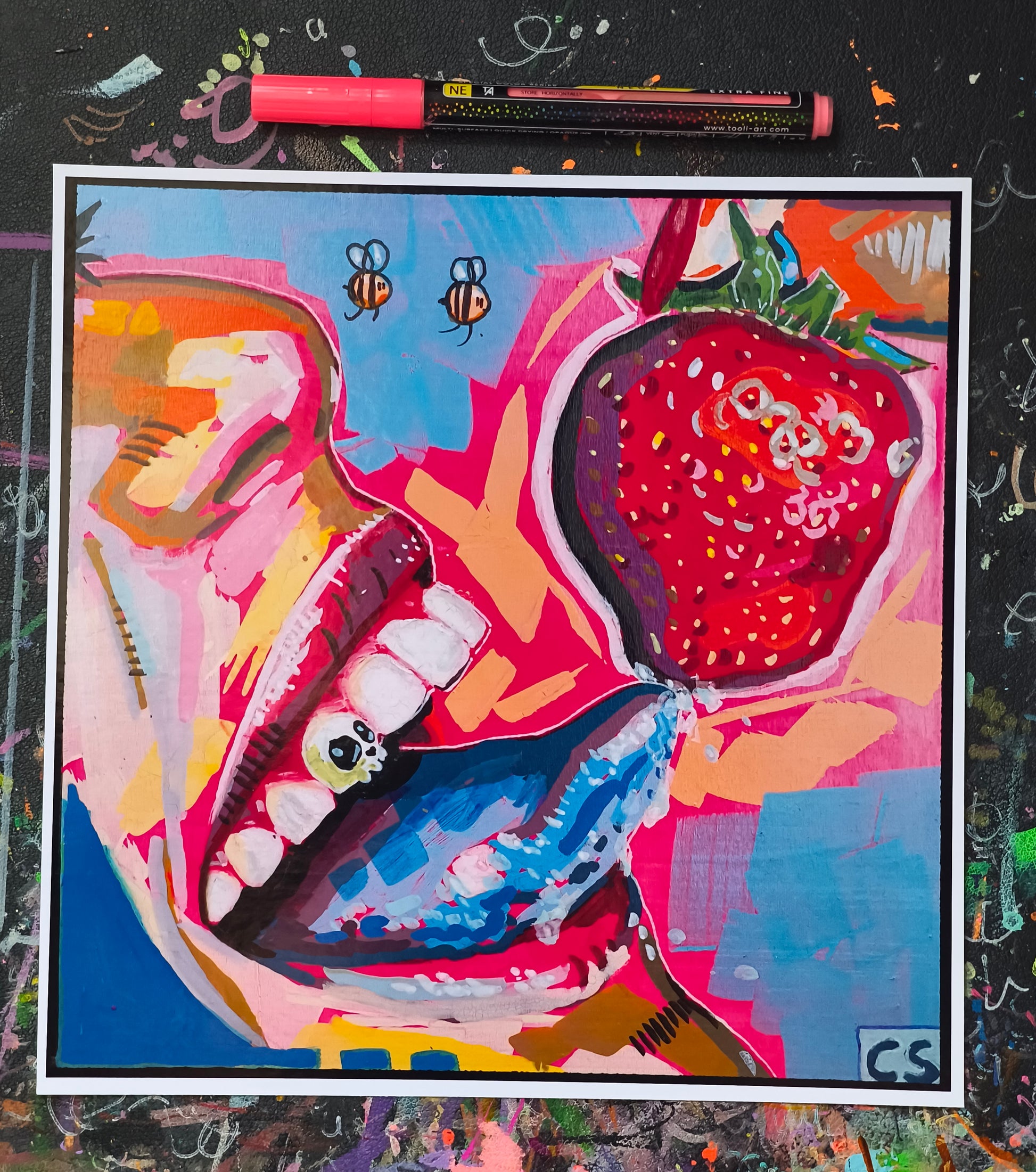 Colorful surreal art print featuring a bright blue tongue reaching toward a floating red strawberry with two bees against a vibrant pink and blue background. Handsigned Candy Decay artwork by Paintranger.