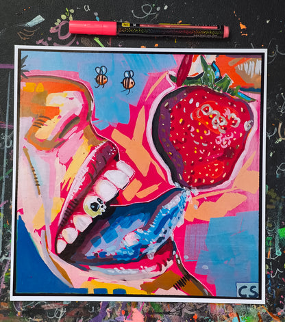 Colorful surreal art print featuring a bright blue tongue reaching toward a floating red strawberry with two bees against a vibrant pink and blue background. Handsigned Candy Decay artwork by Paintranger.