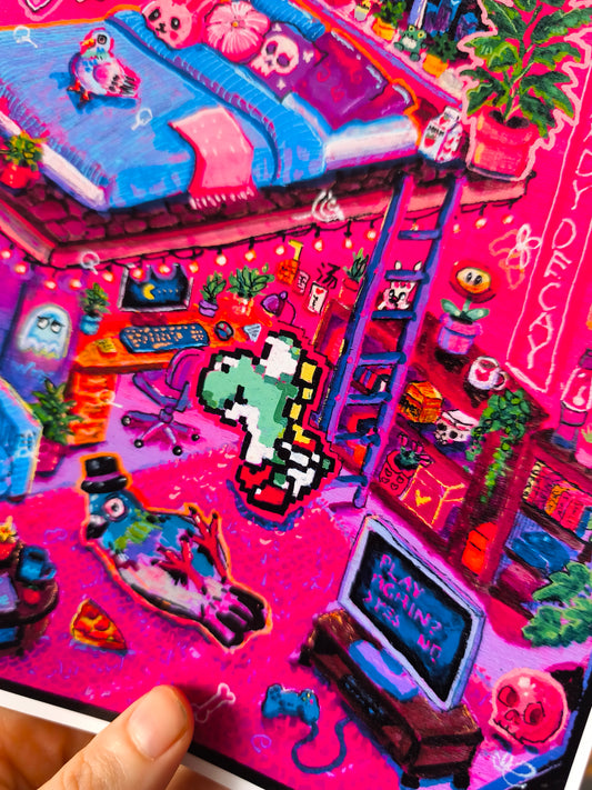 Square fine art print titled "Inside the Candy Decay Studio," featuring a vibrant pink loft bedroom and artist workspace filled with plants, pigeons, retro gaming references, cozy furniture, tiny hidden details, and playful pop surreal elements in bright neon colors.
