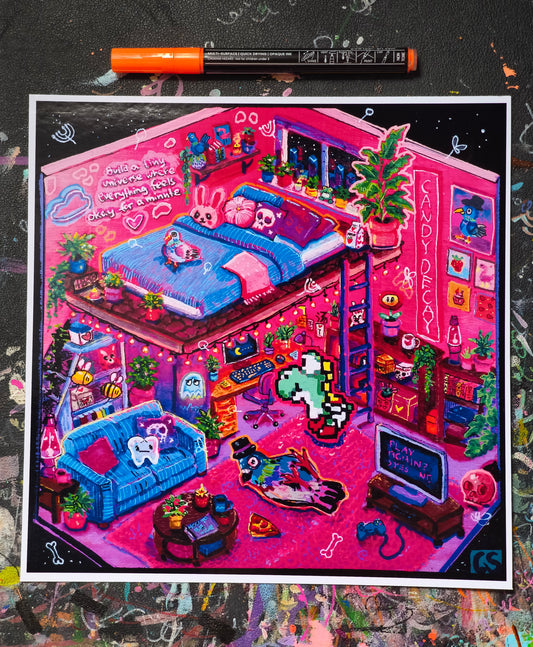 Square fine art print titled "Inside the Candy Decay Studio," featuring a vibrant pink loft bedroom and artist workspace filled with plants, pigeons, retro gaming references, cozy furniture, tiny hidden details, and playful pop surreal elements in bright neon colors.