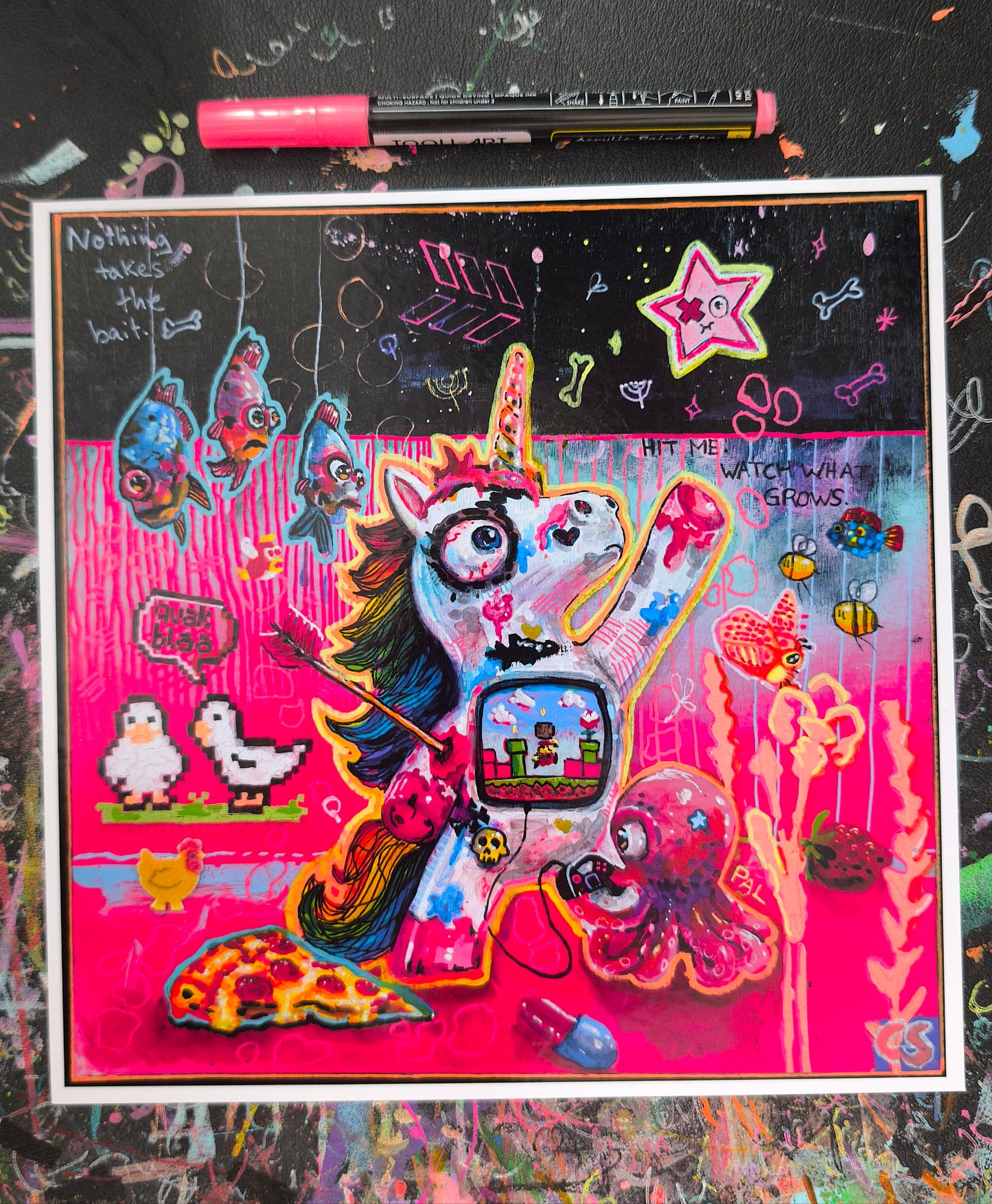 Colorful pop surreal artwork titled Ricochet featuring a whimsical unicorn hit by an arrow but still reaching toward the stars, surrounded by gossiping geese, watching fish, a friendly octopus, pizza, glitter and surreal details in bright pink and turquoise.