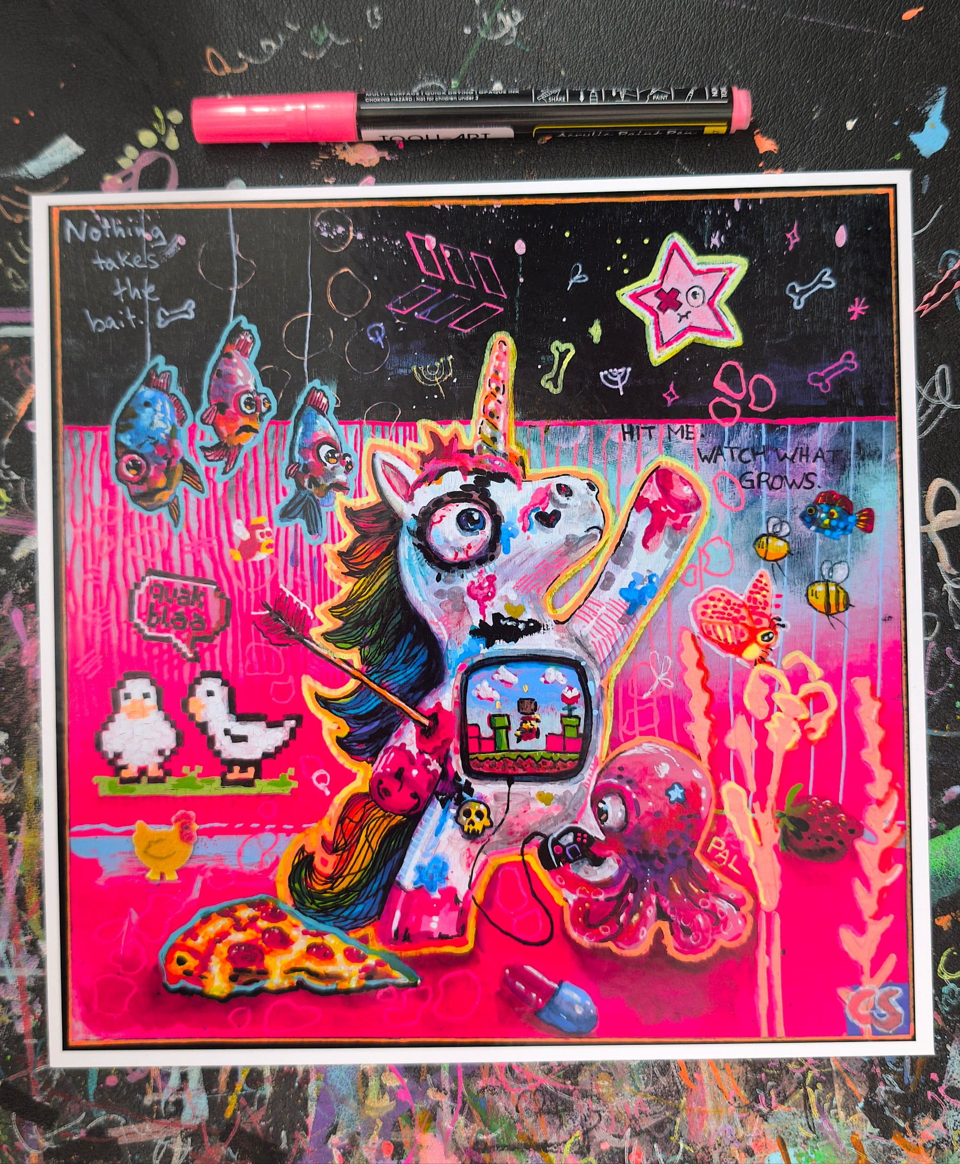 Colorful pop surreal artwork titled Ricochet featuring a whimsical unicorn hit by an arrow but still reaching toward the stars, surrounded by gossiping geese, watching fish, a friendly octopus, pizza, glitter and surreal details in bright pink and turquoise.