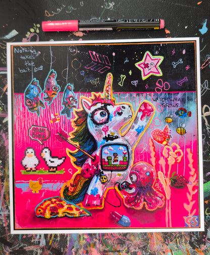 Colorful pop surreal artwork titled Ricochet featuring a whimsical unicorn hit by an arrow but still reaching toward the stars, surrounded by gossiping geese, watching fish, a friendly octopus, pizza, glitter and surreal details in bright pink and turquoise.