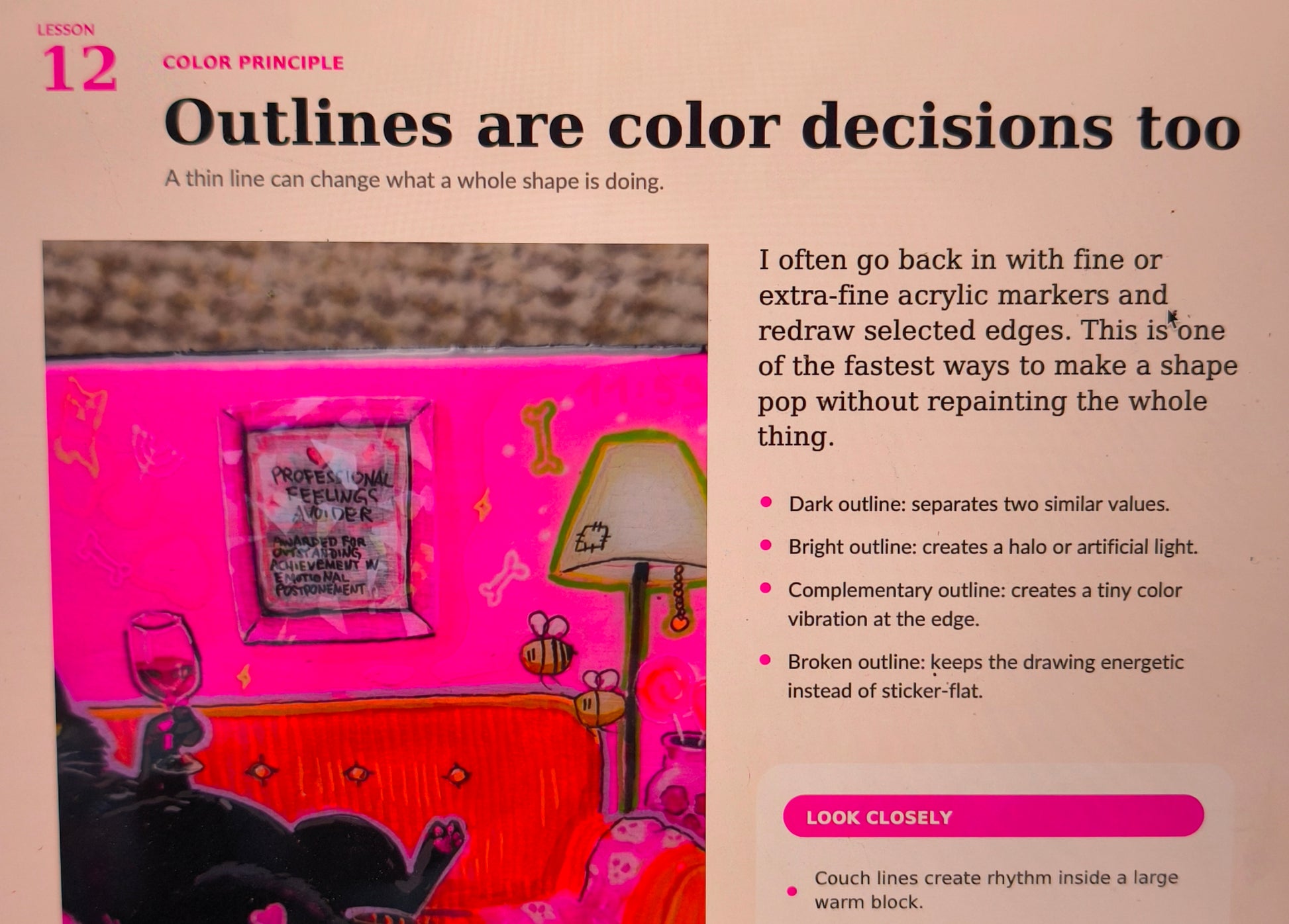 Interior page from The Candy Decay Color System PDF guide showing a color theory example with artwork breakdown.