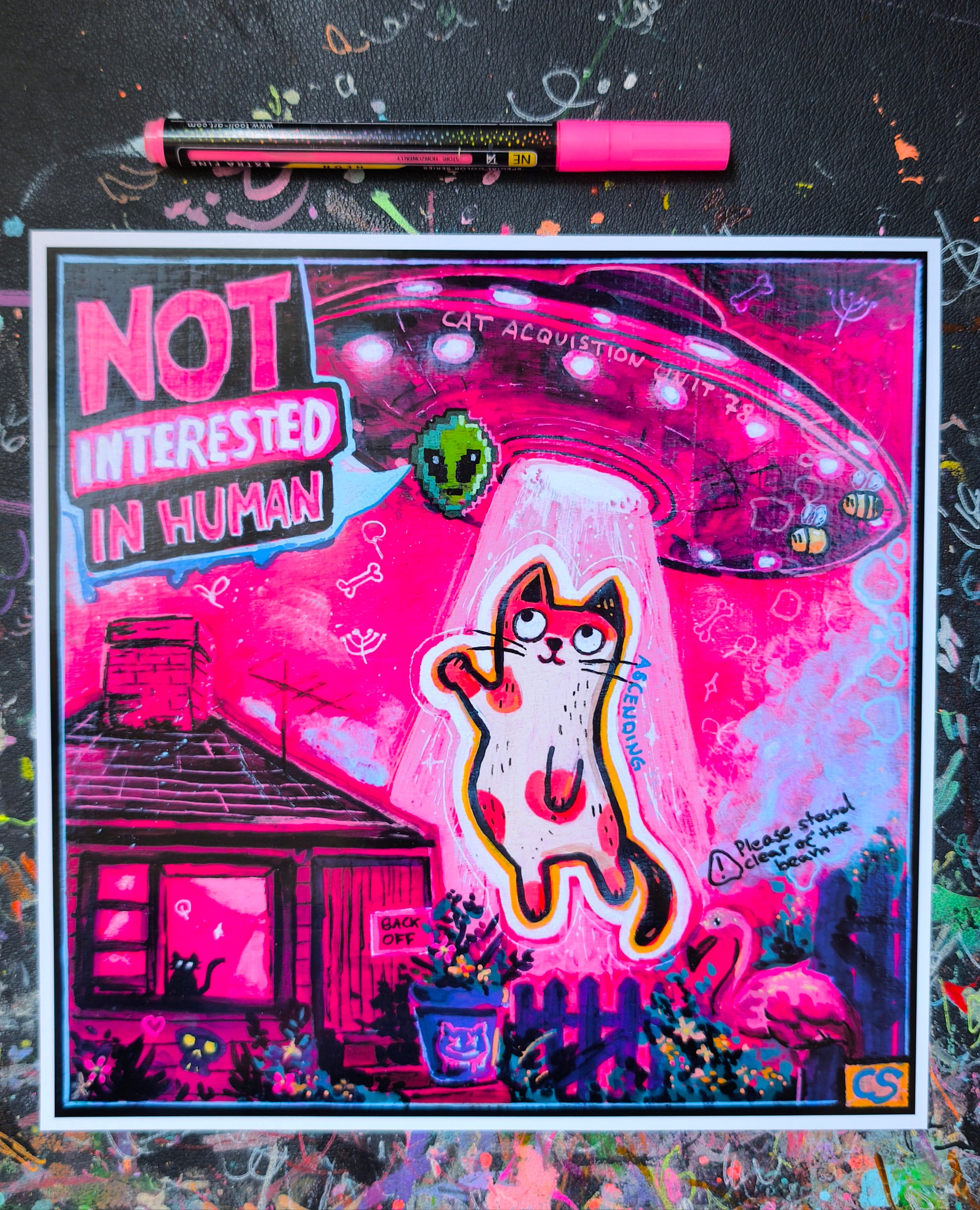 Hand-signed square art print featuring an orange cat being abducted by a UFO in a neon pink suburban scene with a tiny alien and the words “Not Interested in Human.”