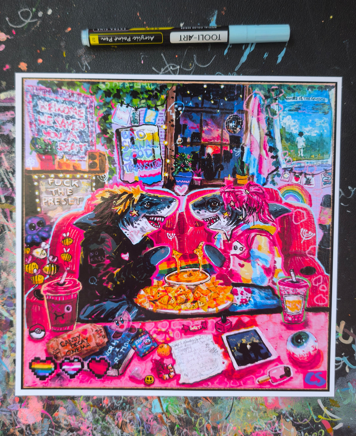 Bad Signal, Good Transition art print by Paintranger: two sharks sharing cinema nachos and cheese dip in a glowing pink room full of trans pride details