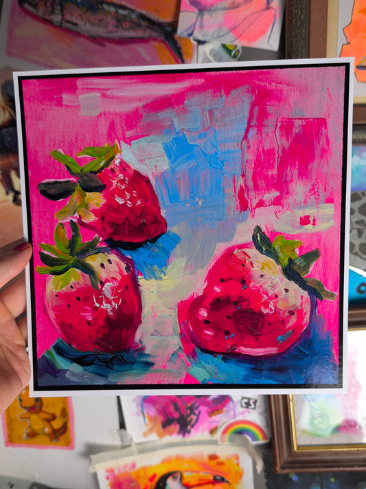Strawberries No. 01 hand-signed food study art print by Paintranger, three strawberries on a neon pink background