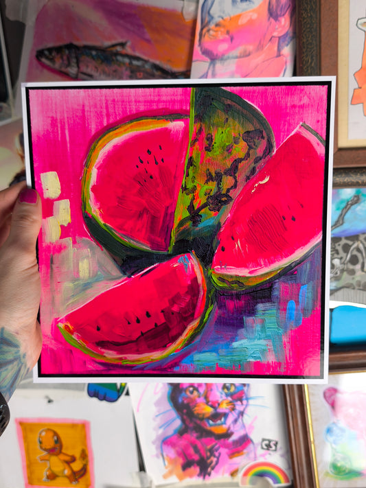 Watermelon No. 03 hand-signed food study art print by Paintranger, watermelon slices on a neon pink background