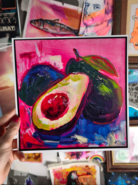 Avocado No. 02 hand-signed food study art print by Paintranger, avocados on a neon pink background