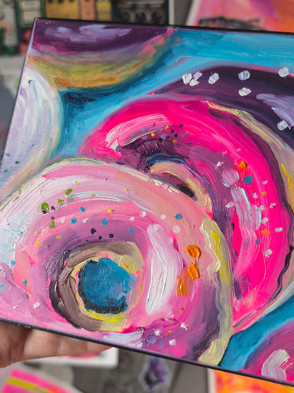 Donut No. 07 original oil painting detail with pink glaze and sprinkles