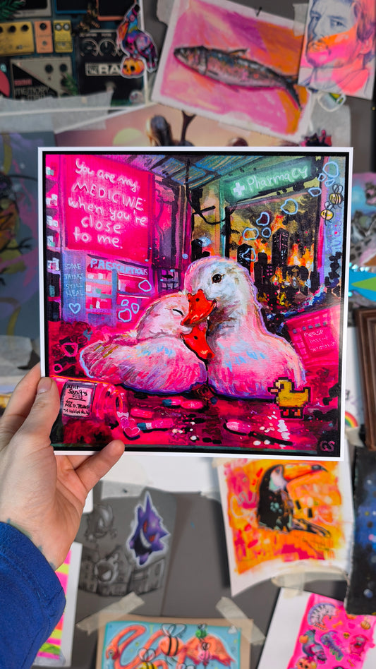 You Are My Medicine hand-signed print detail, Candy Decay duck couple art by Paintranger