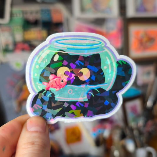 Fishbowl Cat Sticker with glitter