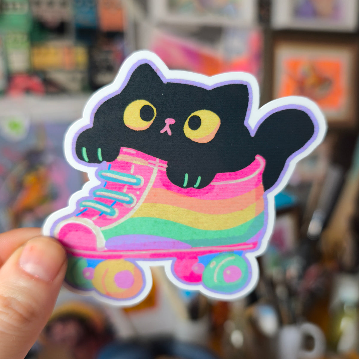 Black cat in rainbow roller skate, without glitter