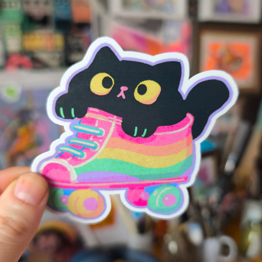 Black cat in rainbow roller skate, without glitter