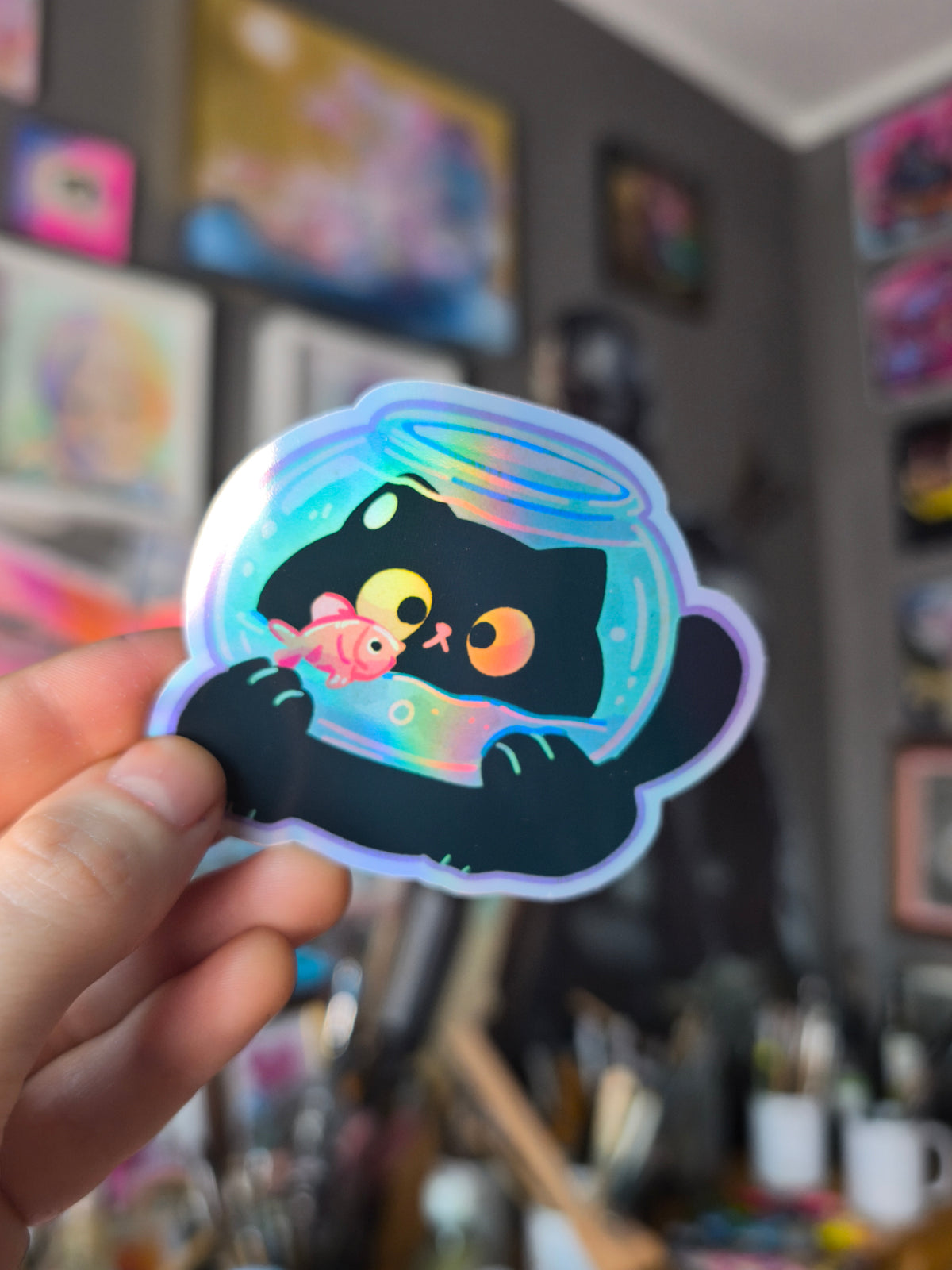 Fishbowl Cat Sticker – holographic / holografisch