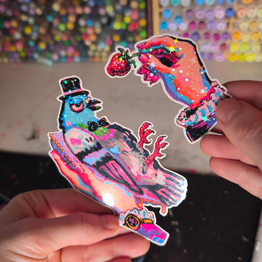 Strawberry Feeding Pigeon Sticker – Glitter / Taube mit Erdbeere · Sticker – Glitzer