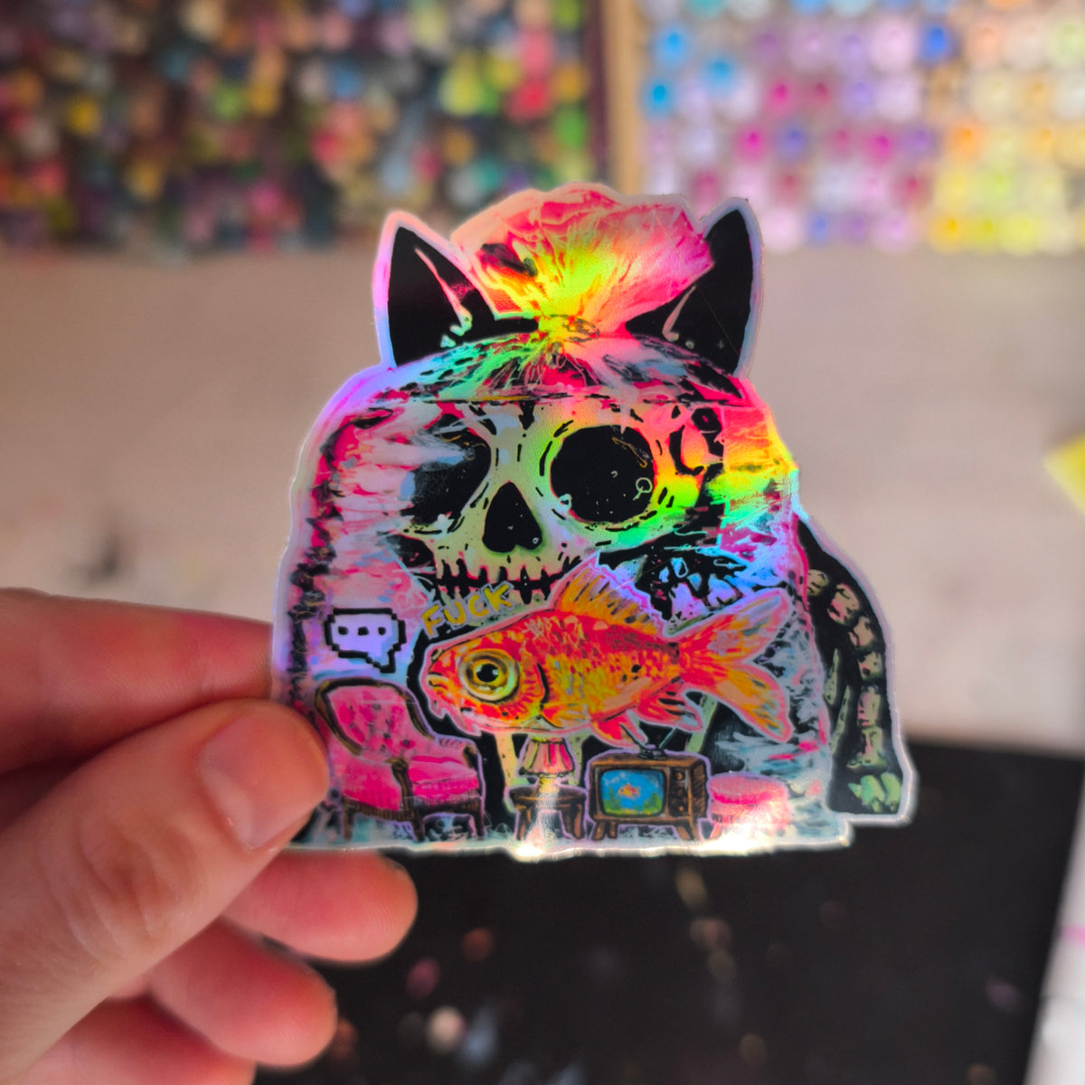 Goldfish Cat Sticker – Holo / Katze mit Goldfisch · Sticker – Holo
