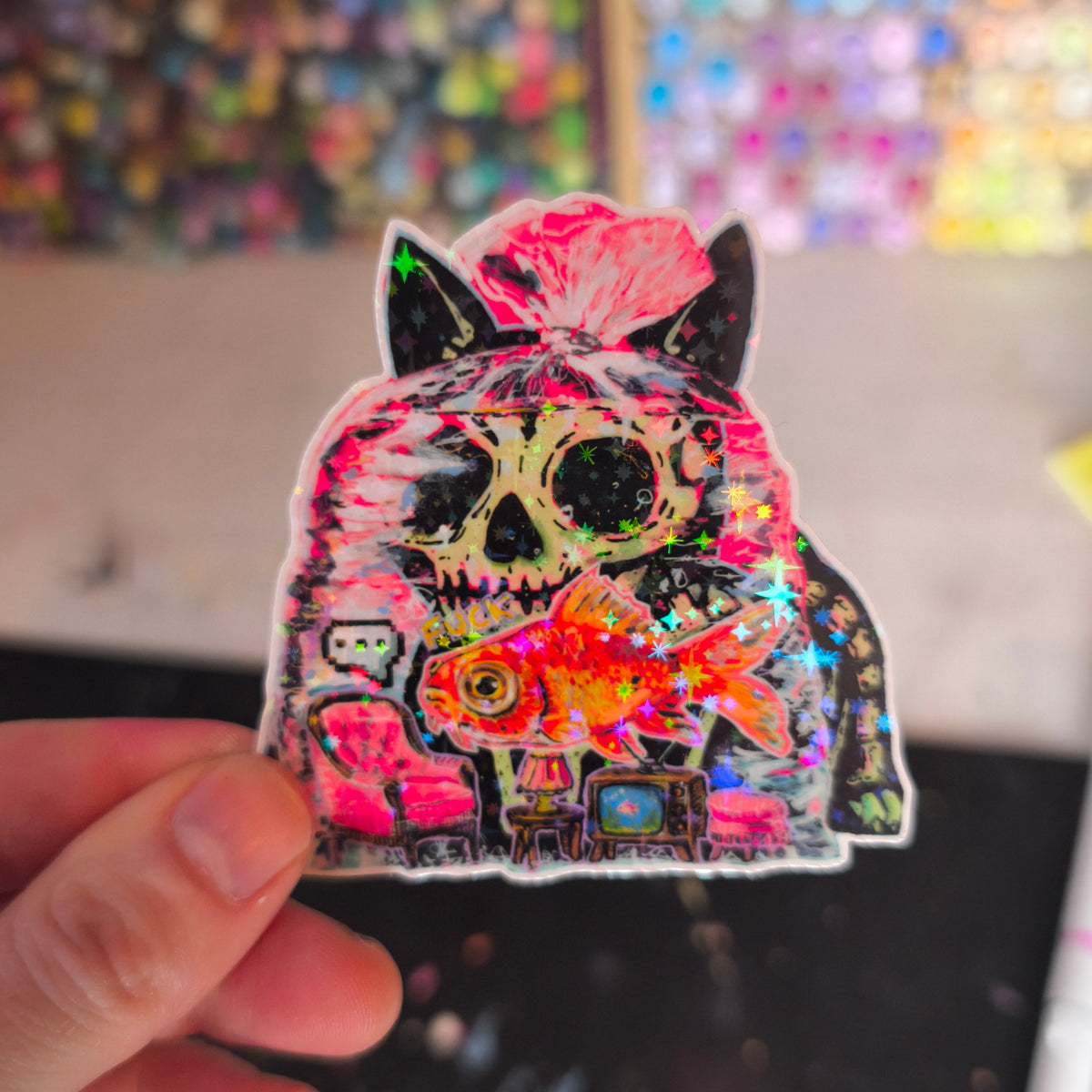 Goldfish Cat Sticker – Glitter / Katze mit Goldfisch · Sticker – Glitzer