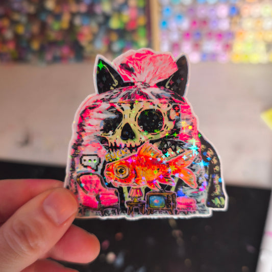 Goldfish Cat Sticker – Glitter / Katze mit Goldfisch · Sticker – Glitzer