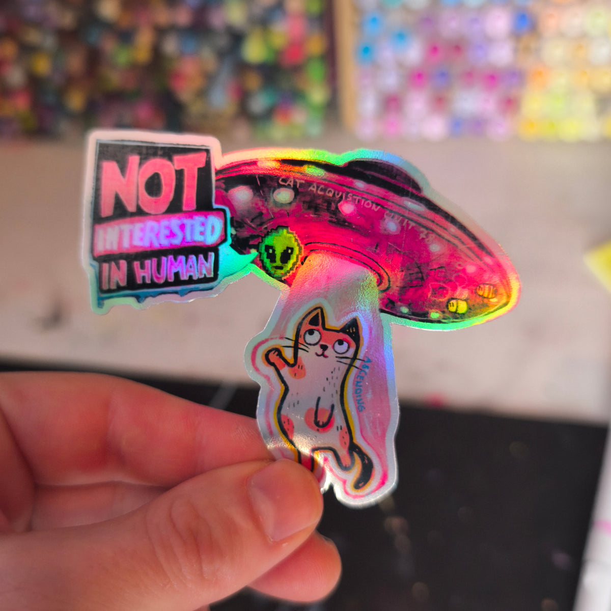 UFO Cat Sticker – Holo / Katze mit UFO · Sticker – Holo