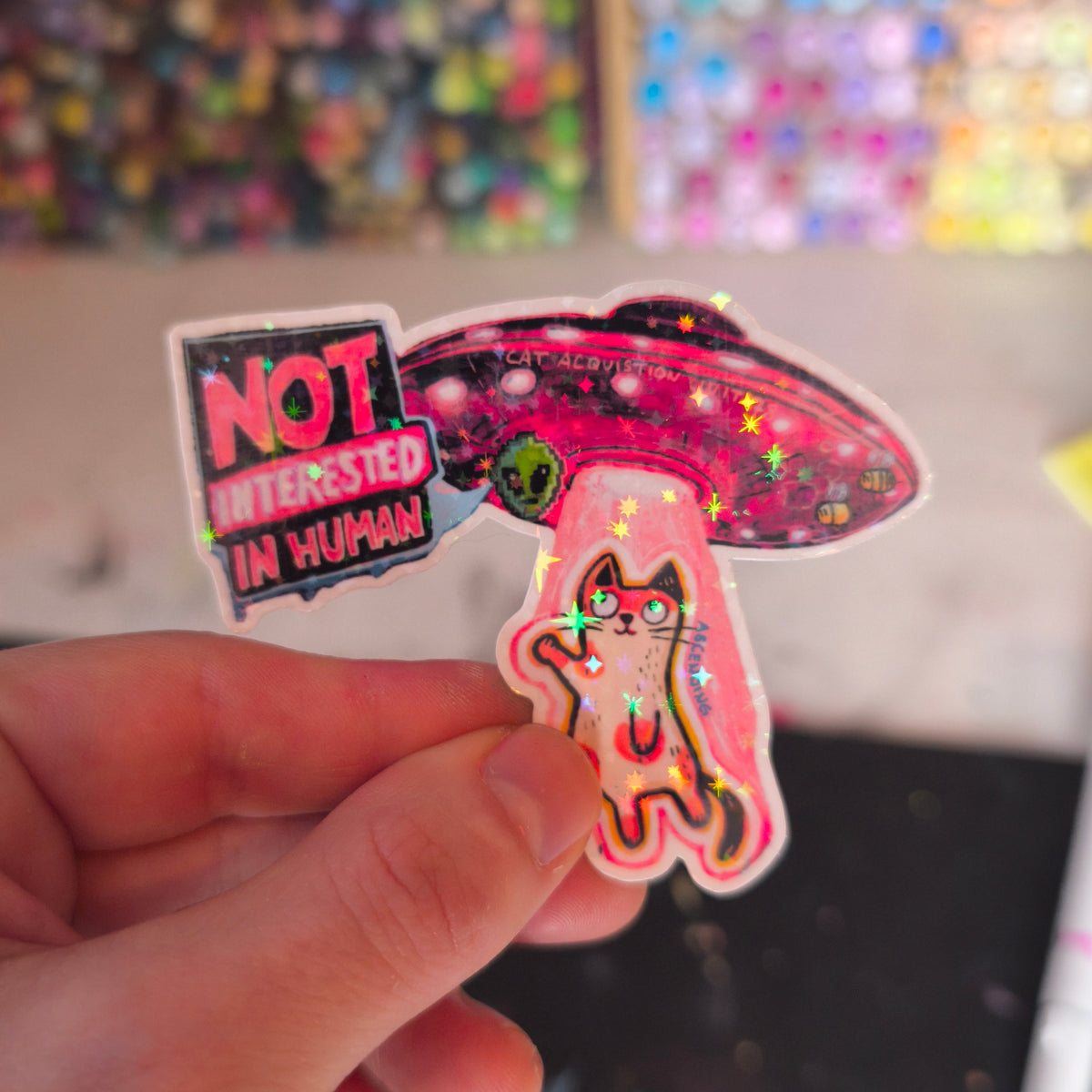 UFO Cat Sticker – Glitter / Katze mit UFO · Sticker – Glitzer