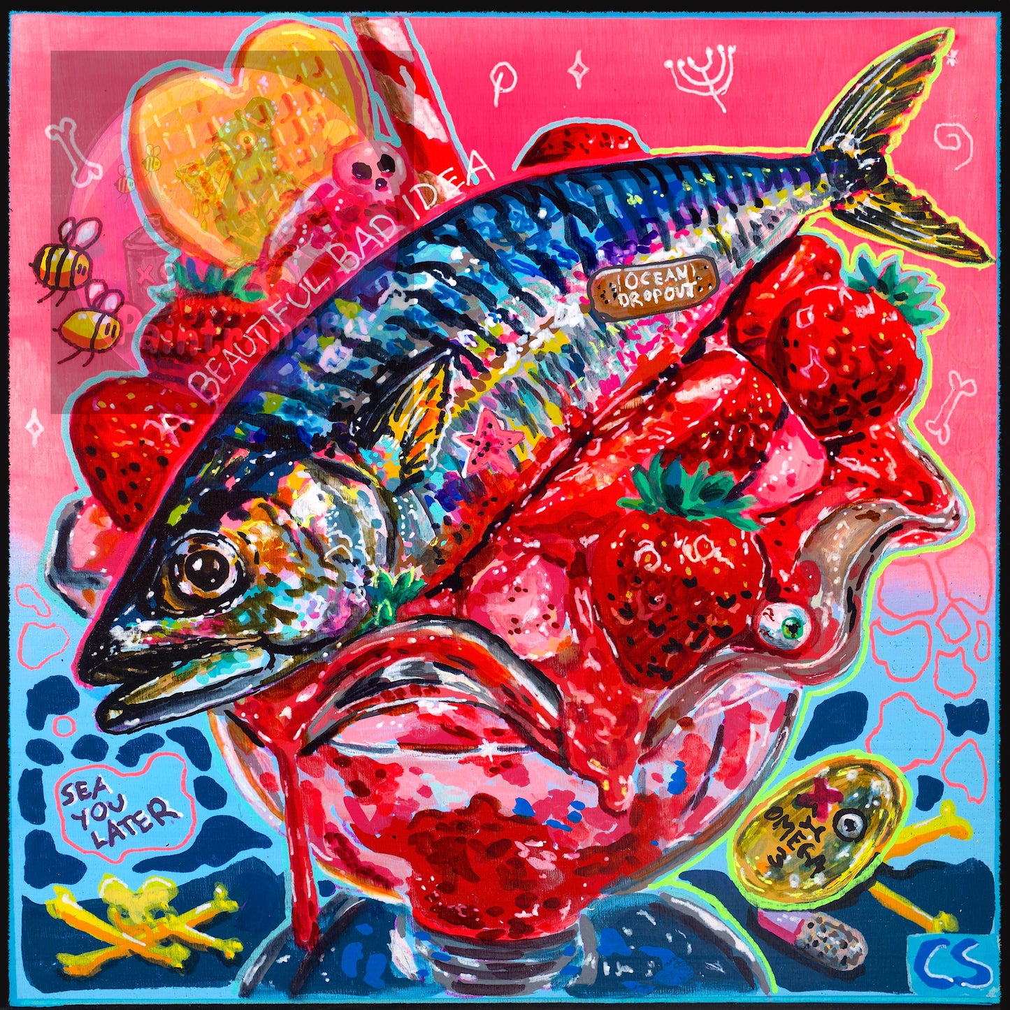 Ocean Dropout printable art by Paintranger with a detailed fish in vivid neon pink, red and blue Candy Decay color.