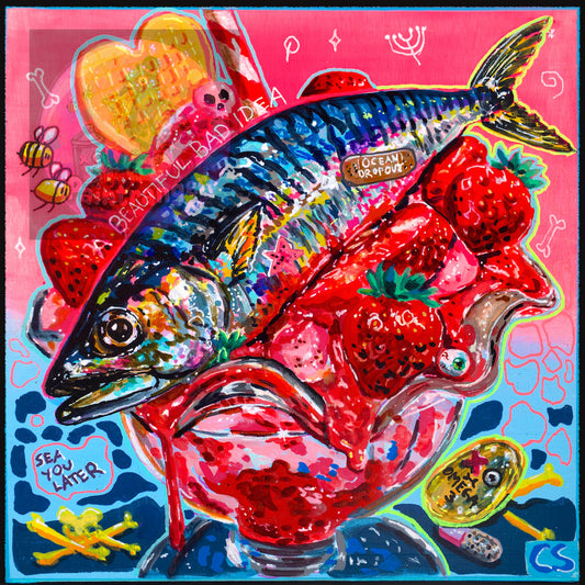 Ocean Dropout printable art by Paintranger with a detailed fish in vivid neon pink, red and blue Candy Decay color.