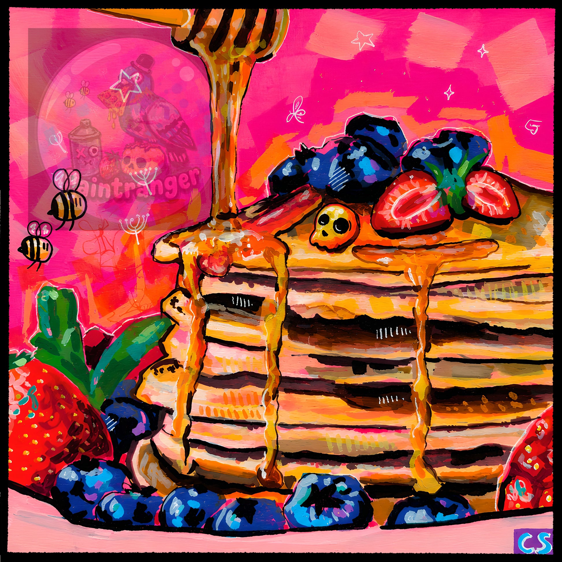 Pancakes and Bees printable art by Paintranger with golden pancakes, tiny bees and vivid neon pink Candy Decay details.