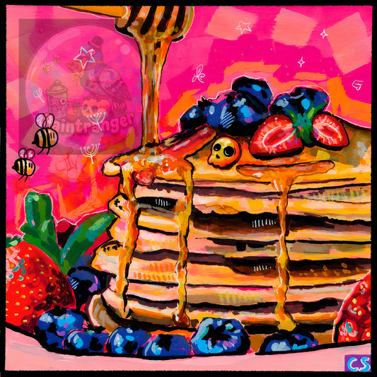 Pancakes and Bees printable art by Paintranger with golden pancakes, tiny bees and vivid neon pink Candy Decay details.