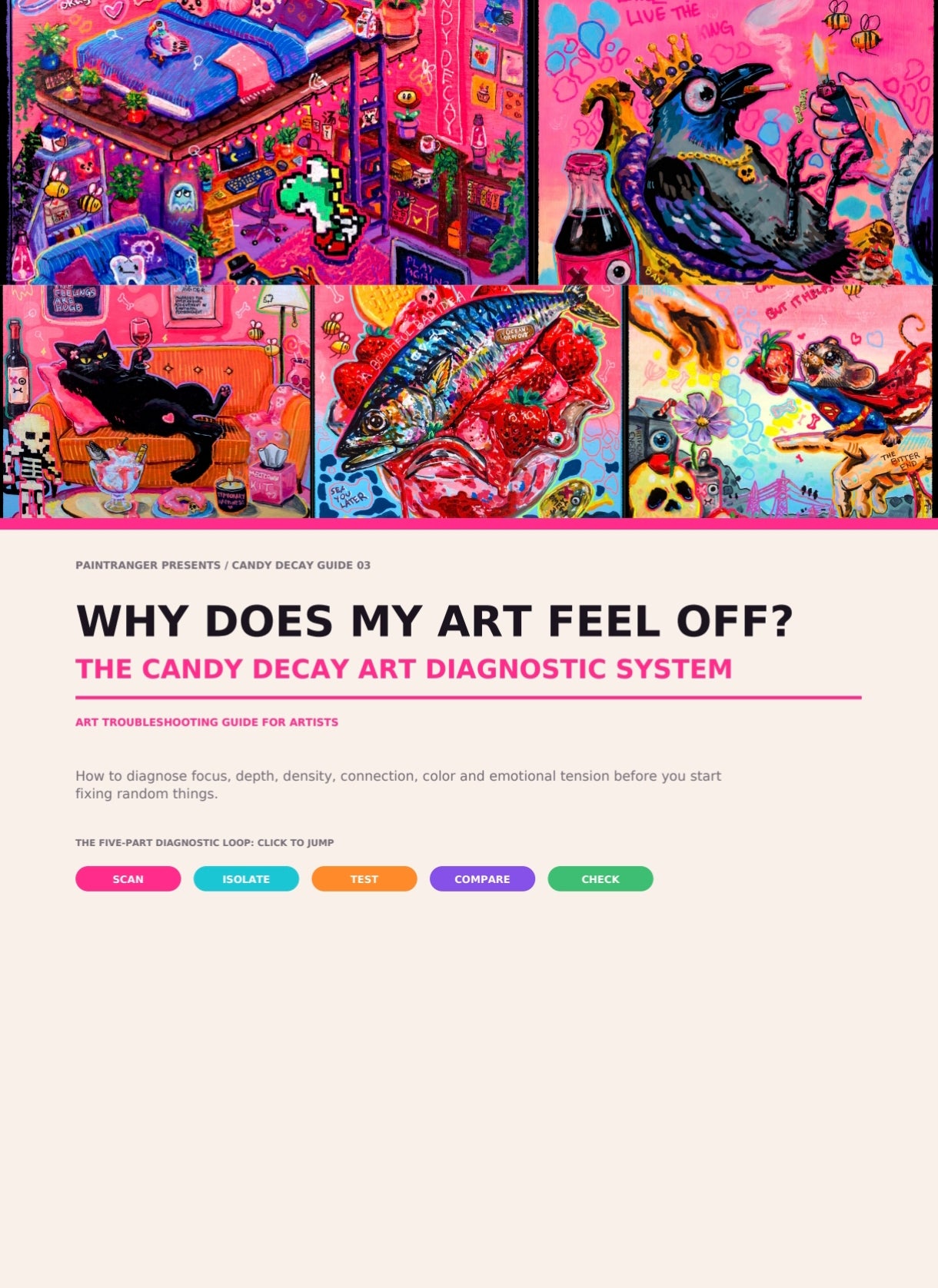 Cover of The Candy Decay Art Diagnostic System, an art troubleshooting guide featuring a collage of five colorful Paintranger artworks.
