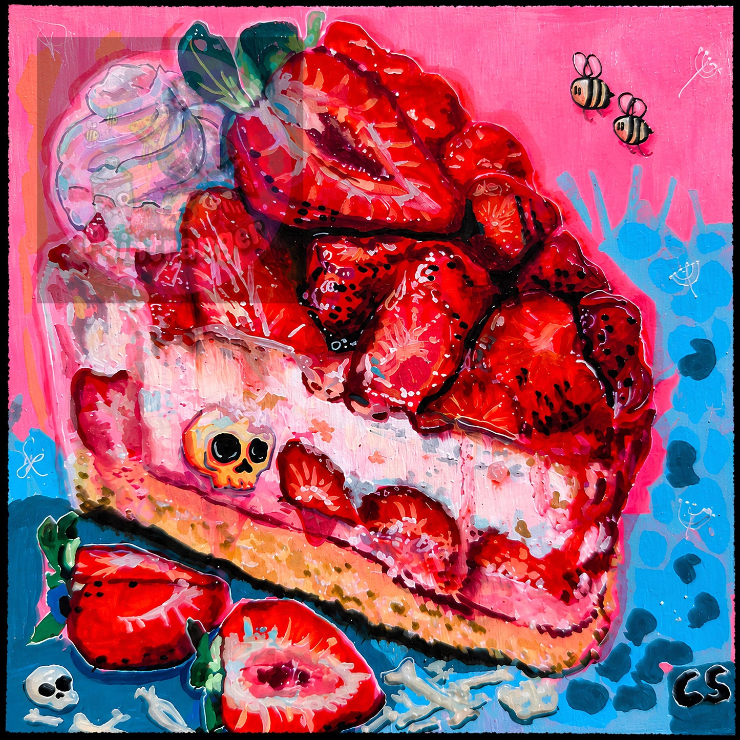 Strawberry Graveyard printable art by Paintranger with strawberry cake, cream and berries in vivid red, pink and blue.