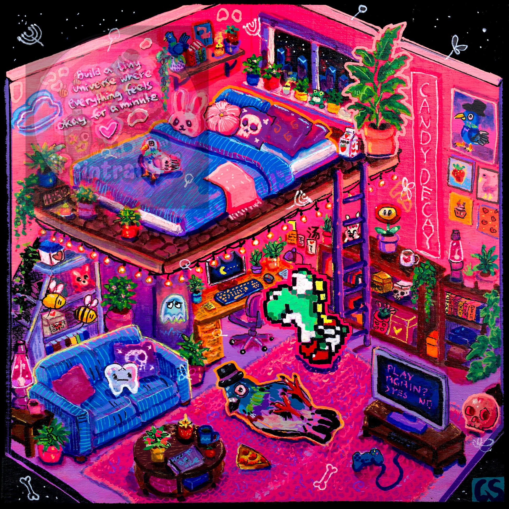 The Candy Decay Apartment printable art by Paintranger, a detailed surreal pink room filled with nostalgic objects and color.