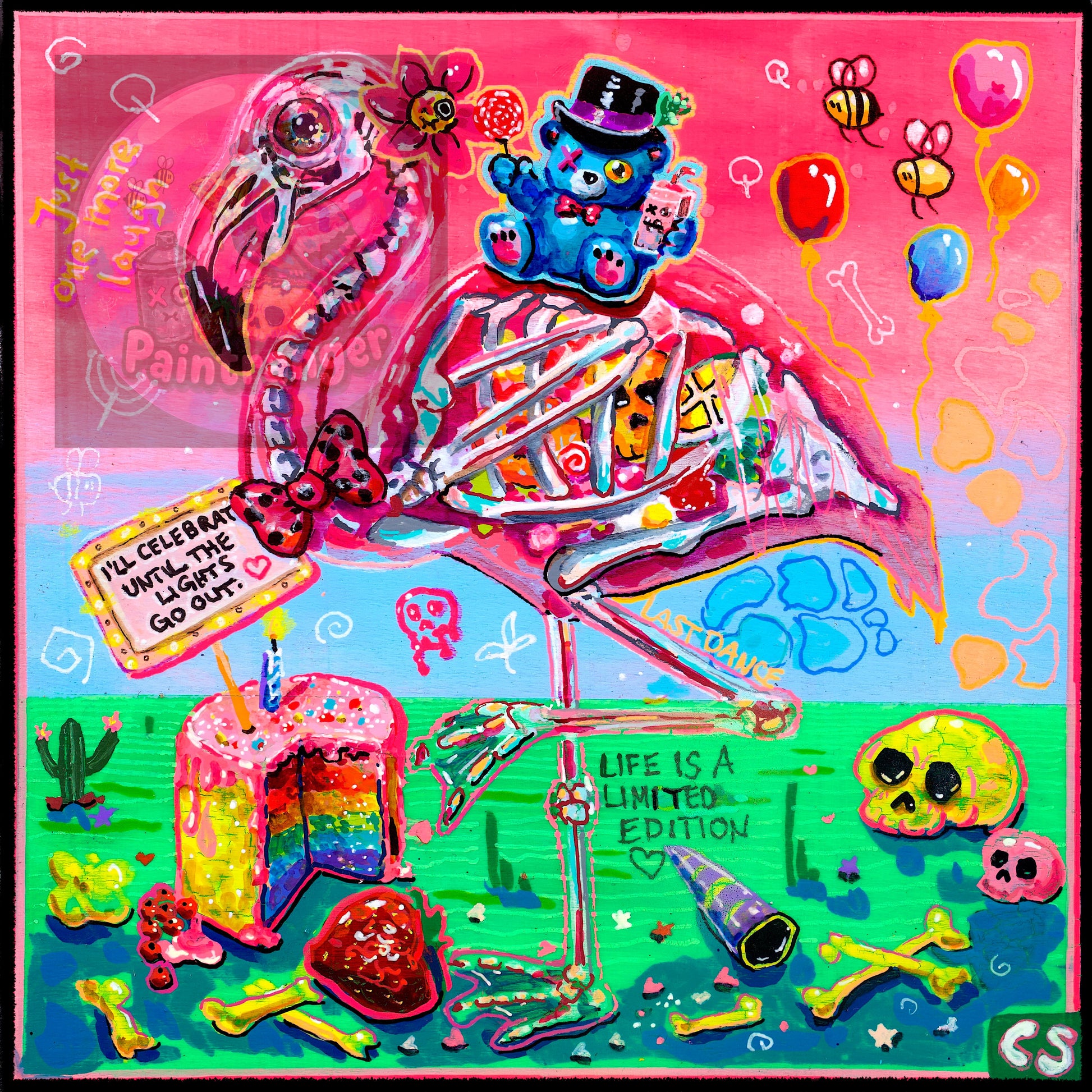 Until the Lights Go Out printable art by Paintranger, vivid Candy Decay wall art combining skeletal imagery and celebration.