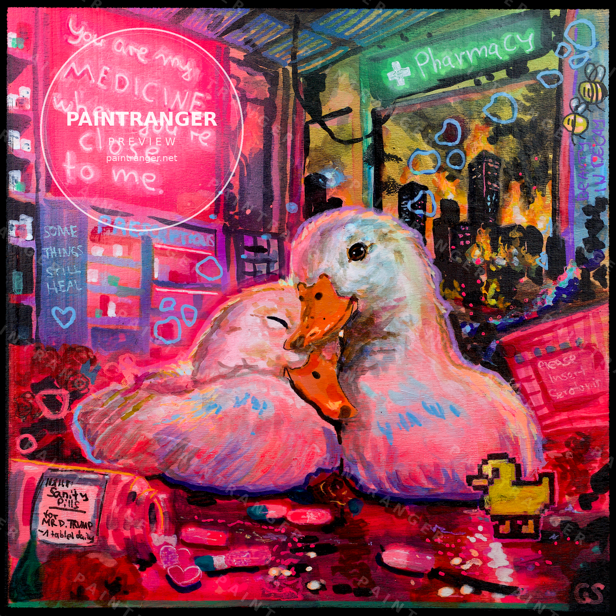 You Are My Medicine printable art by Paintranger with two white ducks cuddling in a neon pink pharmacy while the city burns outside, romantic Candy Decay artwork