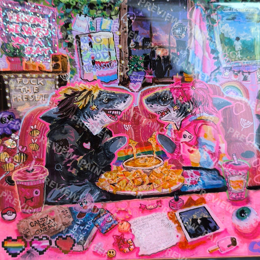 Bad Signal, Good Transition printable art by Paintranger: two sharks sharing cinema nachos and cheese dip in a glowing pink room full of trans pride details
