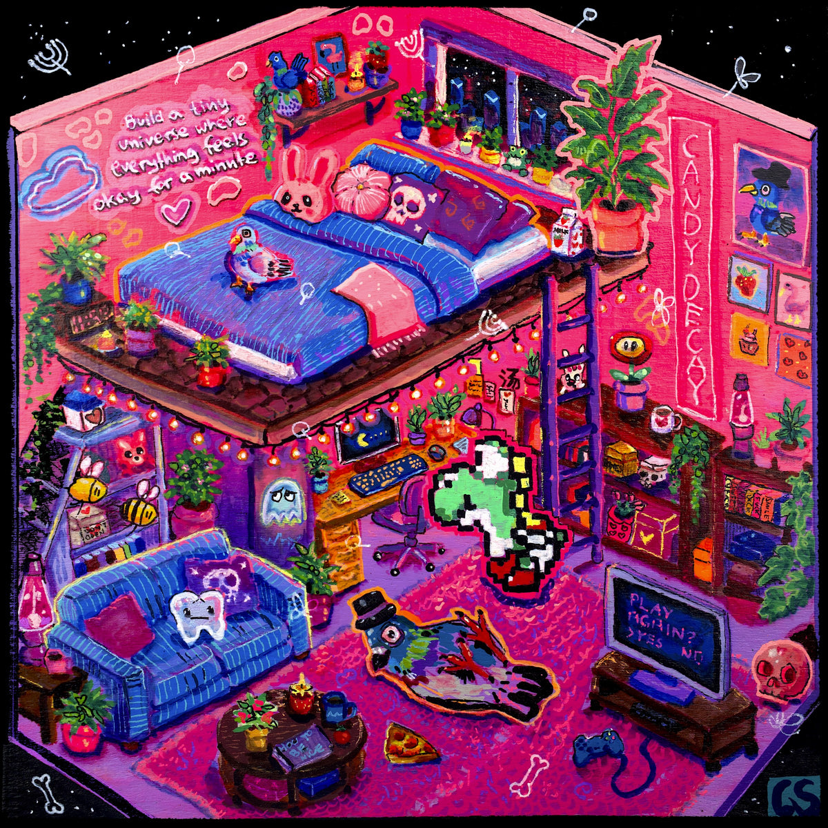 Inside the Candy Decay Apartment, a colourful illustrated room full of small strange details.