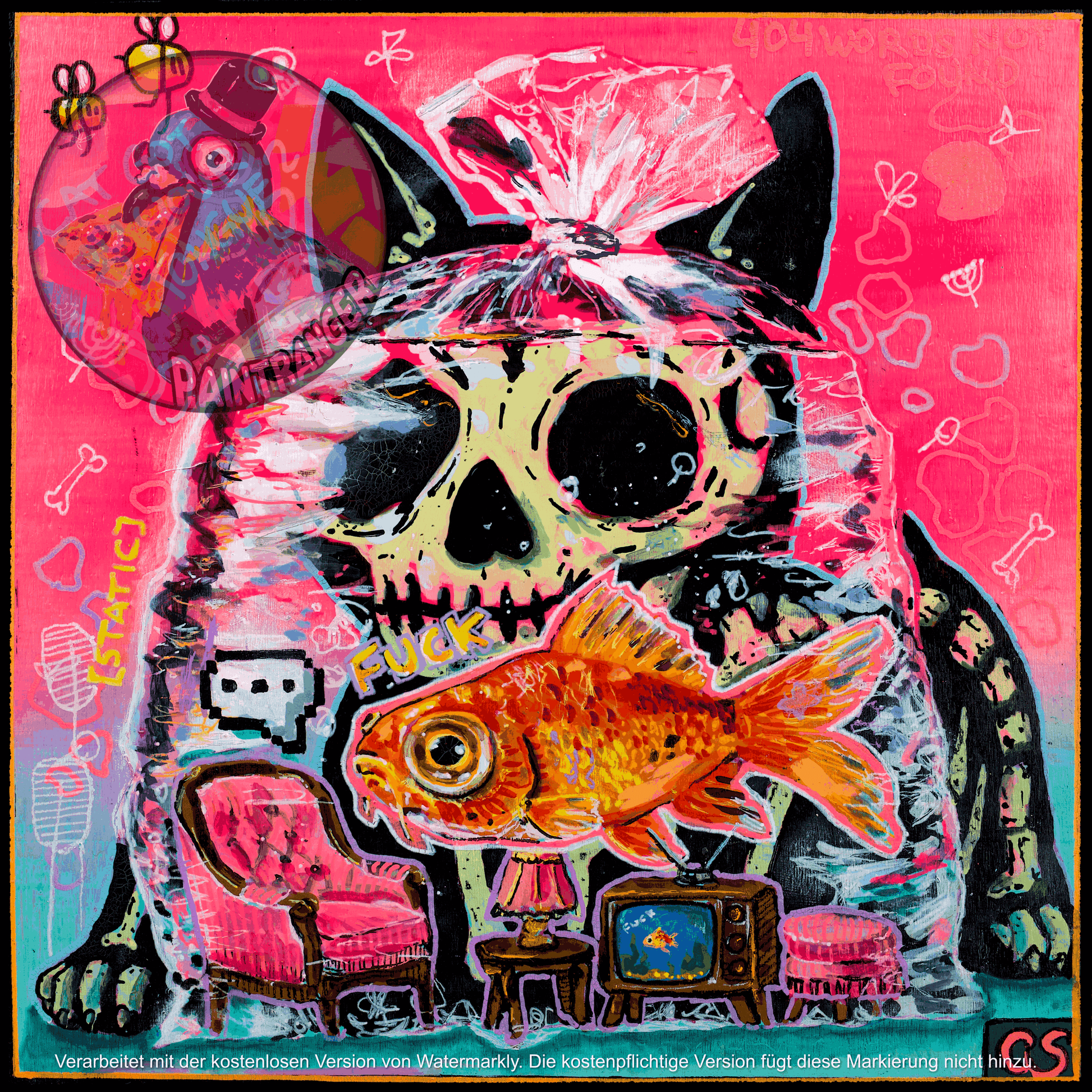 Colorful pop-surreal artwork featuring a giant black cat with a skull-like face staring at an orange goldfish inside a transparent plastic bag. Tiny furniture, including a pink armchair, lamp, vintage television and stool, sits inside the bag beneath the fish. The neon pink and turquoise background is filled with handwritten doodles, bones, bees and playful symbols.