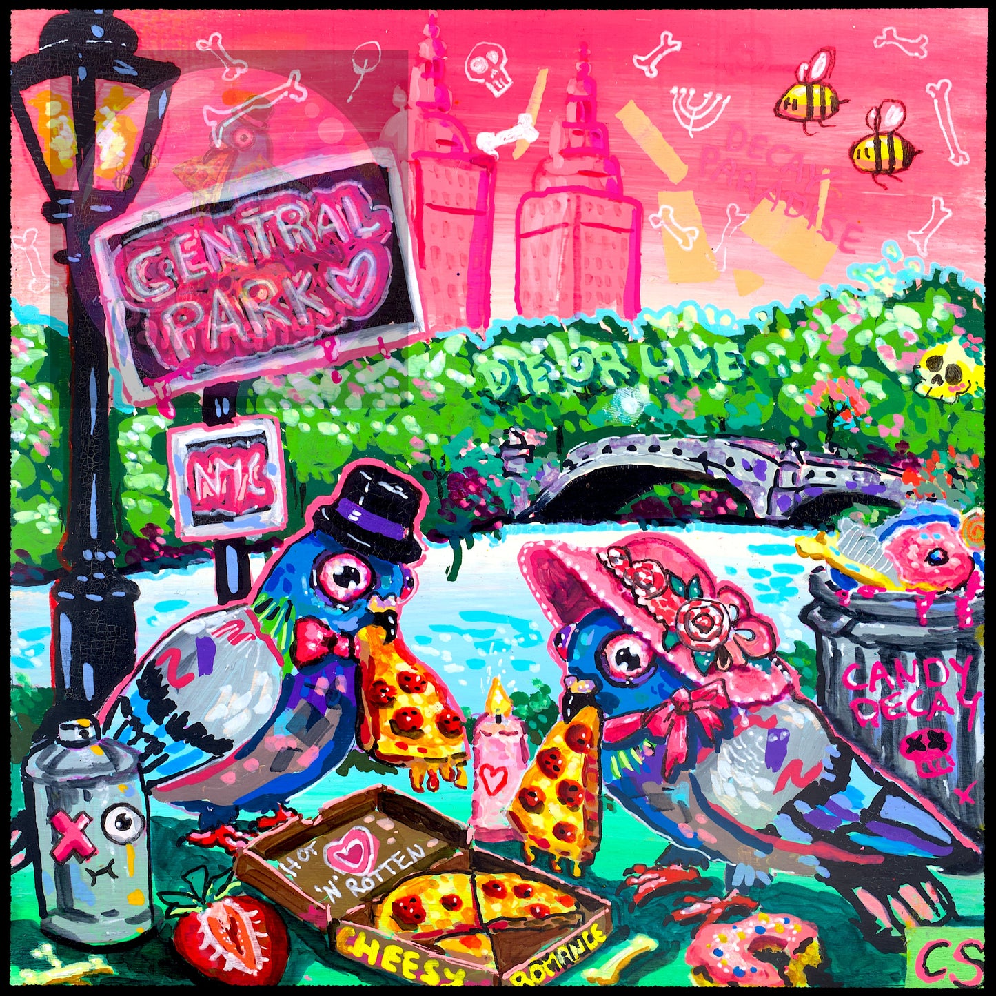 Cheesy Romance printable art by Paintranger, a vivid pink Candy Decay artwork mixing kitsch, love and surreal details.