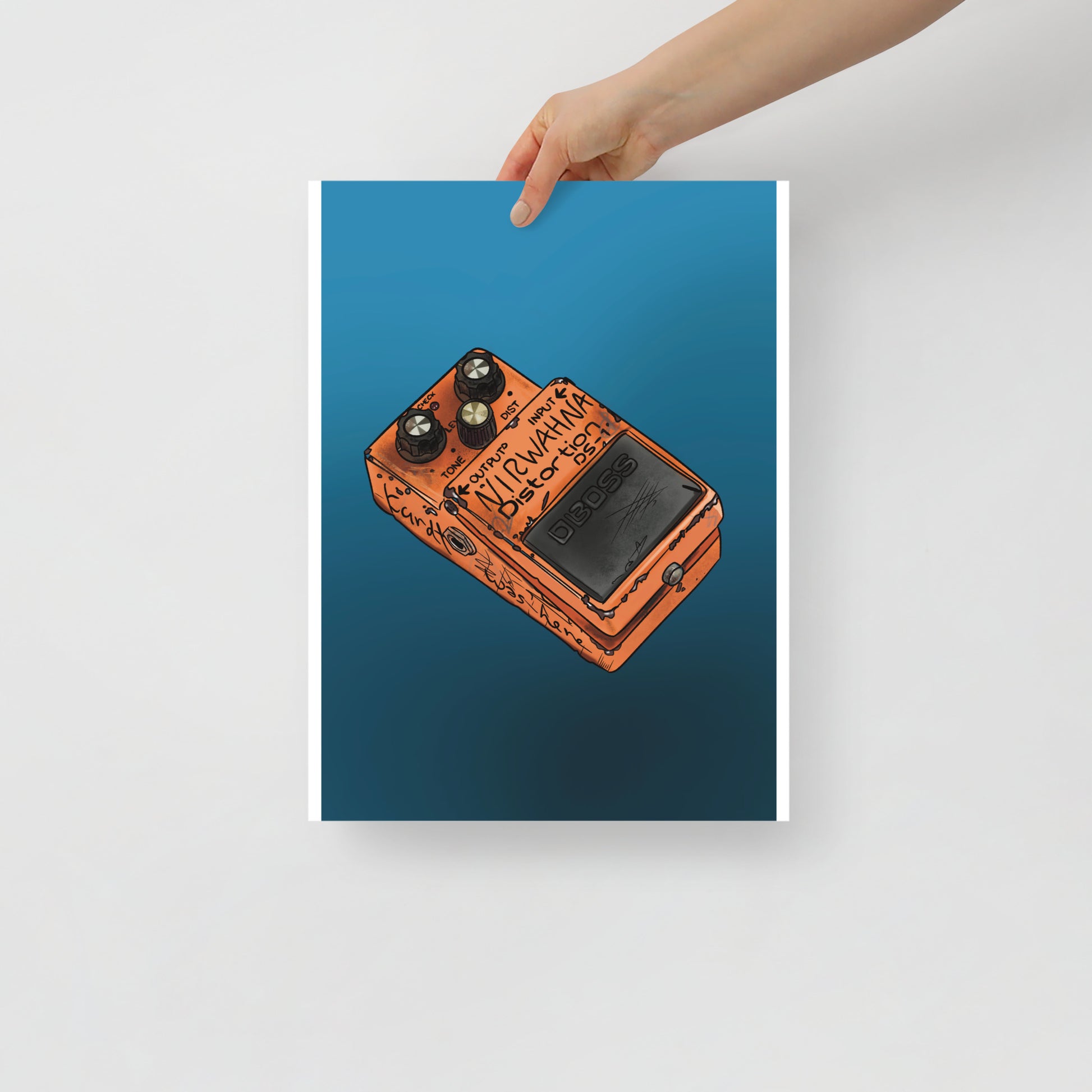 90s grunge inspired distortion pedal artwork. A colorful guitar effects poster for musicians, guitar players and alternative rock fans.