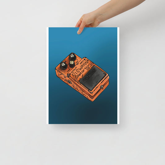 90s grunge inspired distortion pedal artwork. A colorful guitar effects poster for musicians, guitar players and alternative rock fans.