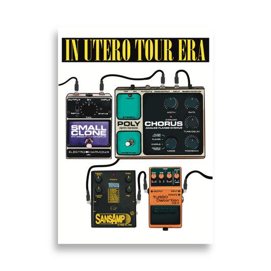 In Utero era inspired guitar pedal art print featuring iconic 90s grunge effects. Unique wall decor for guitarists, musicians and Nirvana fans.