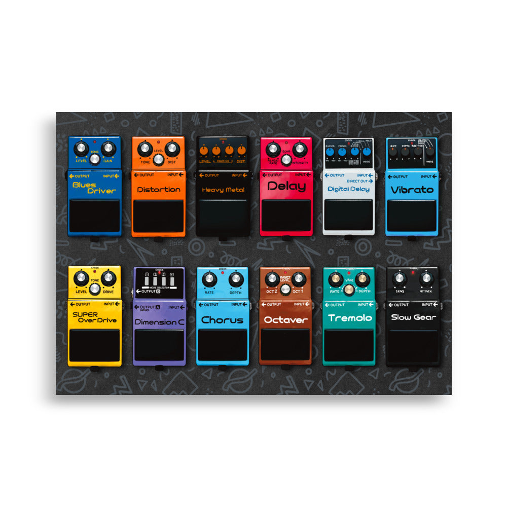 Colorful Boss pedal inspired art print featuring iconic guitar effects pedals. Unique wall decor for guitarists, musicians and pedal lovers.