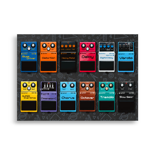 Colorful Boss pedal inspired art print featuring iconic guitar effects pedals. Unique wall decor for guitarists, musicians and pedal lovers.