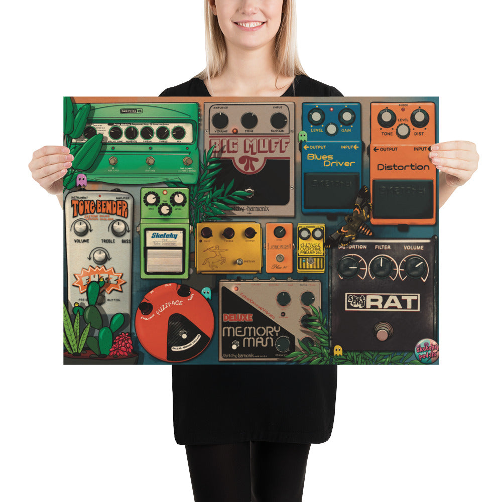 Hand-drawn A4 guitar pedal art print by Paintranger. Colorful Sketchy Pedals artwork inspired by classic effects, fuzz, overdrive, distortion and delay pedals.