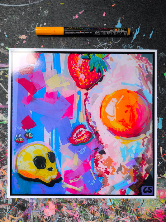 Fried Egg handsignierter Food Art Print von Paintranger, farbenfrohes surreales Candy Decay Kunstwerk mit Spiegelei, Erdbeeren, einem gelben Totenkopf und Bienen