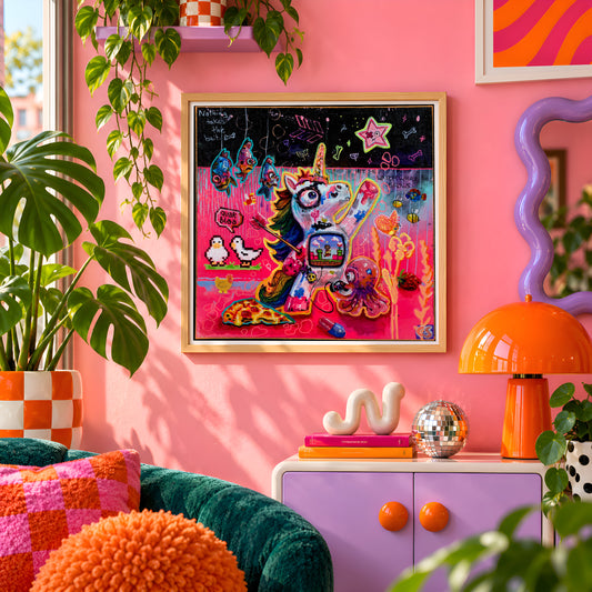 Ricochet wall art print framed on a pink wall, featuring a zombie-cute unicorn bouncing past ducks and an octopus, Candy Decay style by Paintranger