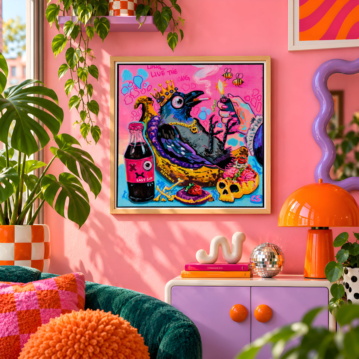 Banana Republic wall art print framed on a pink wall, featuring a crow with a crown sitting on a banana throne beside a soda bottle, Candy Decay style by Paintranger