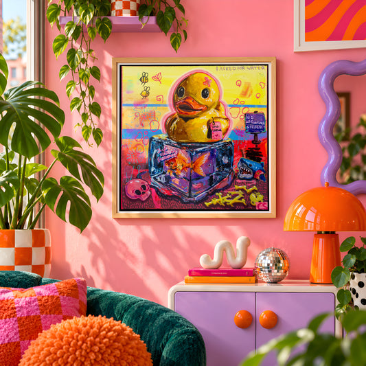Plastic Memories wall art print framed on a pink wall, featuring a rubber duck on an ice cube with a goldfish inside, Candy Decay style by Paintranger