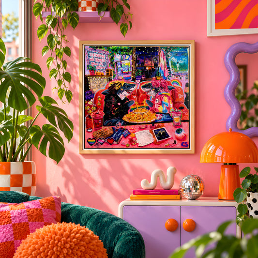 Bad Signal, Good Transition wall art print framed on a pink wall, featuring two sharks sharing cinema nachos and cheese dip with trans pride details, Candy Decay style by Paintranger
